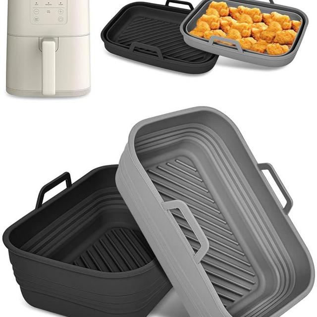 Collapsible Air Fryer Silicone Liners 2-Pack for Bella 4Qt Slim Air Fryer(3.3lb Capacity), Reusable Airfryer Silicone Pot Rectangle, Non-stick Baking Basket Insert for Air Frier Accessories,Gray+Black