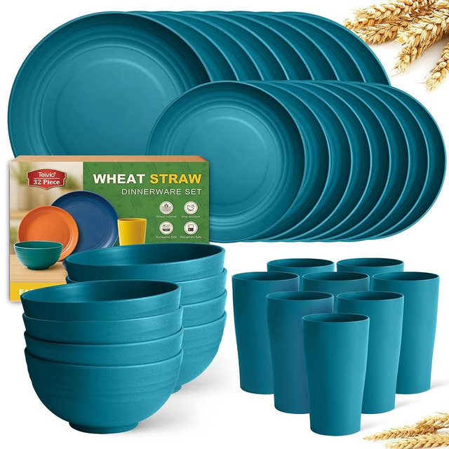 Teivio 32-Piece Kitchen Plastic Wheat Straw Dinnerware Set, Service for 8, Dinner Plates, Dessert Plate, Cereal Bowls, Cups, Unbreakable Colorful Plastic Outdoor Camping Dishes, Dark Blue