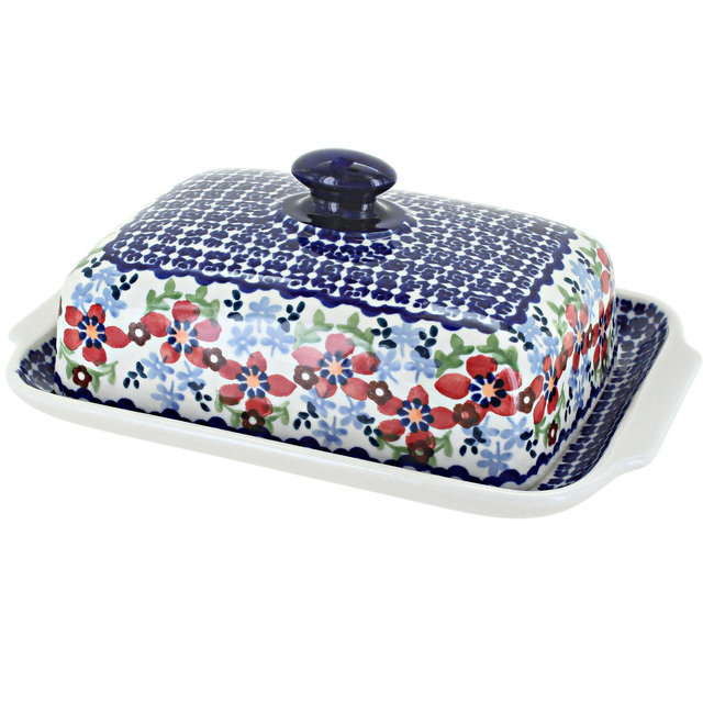 Blue Rose Polish Pottery Red Poppy Large Butter Dish