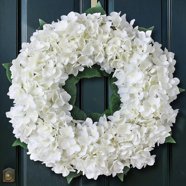 Artificial Hydrangea Wreath for Front Door, 21" Spring Summer White Flower Wreath, Faux Hydrangeas Leaves for Home Mantel Wall Farmhouse Decor