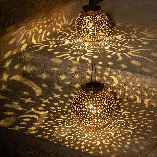 2Pack Solar Garden Lanterns Outdoor Hanging Lights Decorative Metal Moon Star Sun Table Lamps for Patio, Yard, Table, Pathway Decoration Waterproof (Bronze)