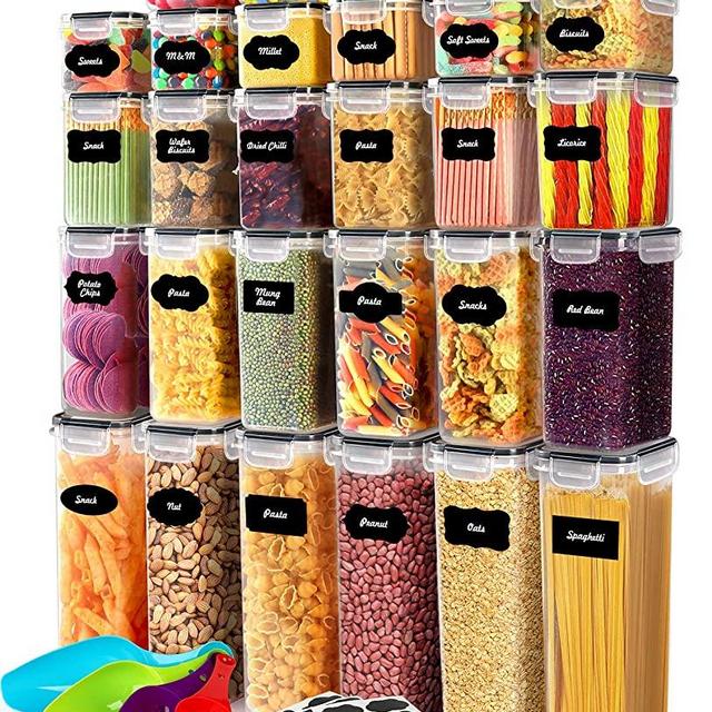 28 Pack Airtight Food Storage Container Set, Pantry kitchen organization and Storage, BPA Free Clear Plastic Storage Container with Lids, Kitchen Decor with Labels, Marker & Spoon Set