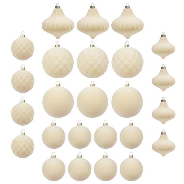 KI Store Velvet Christmas Balls Cream White 25pcs Flocked Christmas Tree Ornaments Assortment for Xmas Tree Holiday Decor