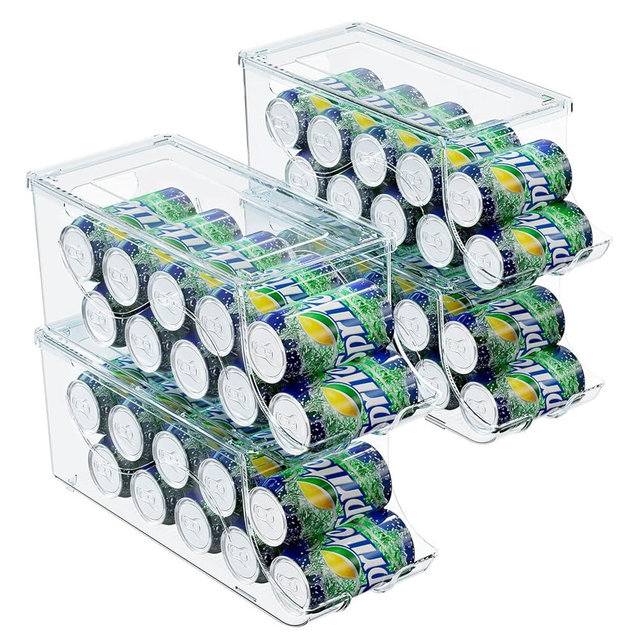 SCAVATA Soda Can Organizer for Refrigerator, Stackable Canned Food Pop Cans Container Can Holder Dispenser with Lid for Fridge Pantry Rack Freezer, Clear Plastic Storage Bins (Holds 40 Cans)