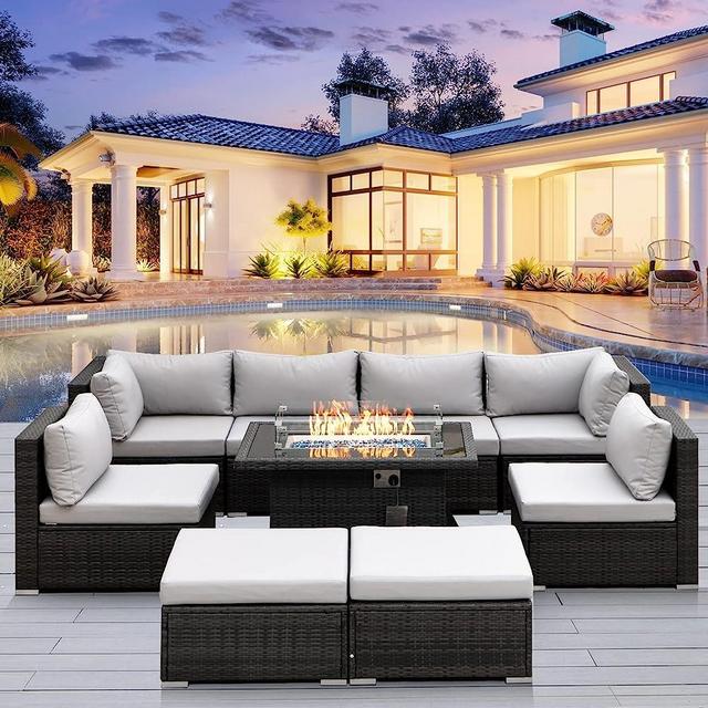 RADIATA 9 Pieces PE Wicker Patio Furniture Set Sectional High Back Large Size Sofa Sets with Fire Pit Table 55000 BTU Backyard Deck Rattan Deep Seating Conversation Sets for Outdoor（Light Gray