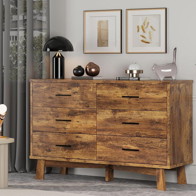 Xixini Dresser for Bedroom, 6 Drawer Wide Modern Chest of Drawers with X-Shaped Sturdy Base, Wood Double Dresser Closet Clothes Storage Organizer, Wooden TV Stand for Living Room, Hallway, Brown