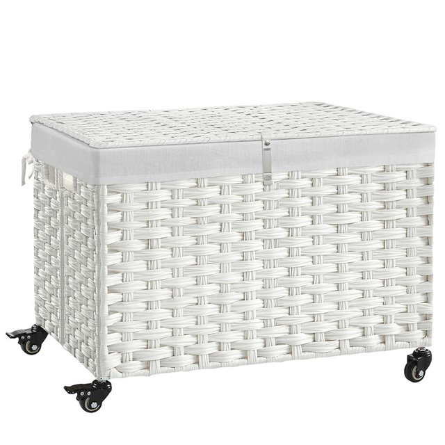 Rolling Storage Basket with Lid, 47.6 Gallon (180L) Storage Bin with Wheels, Woven Rattan Blanket Storage Basket with Handles, Foldable, Metal Frame, Removable Liner for Bedroom, Laundry Room, White