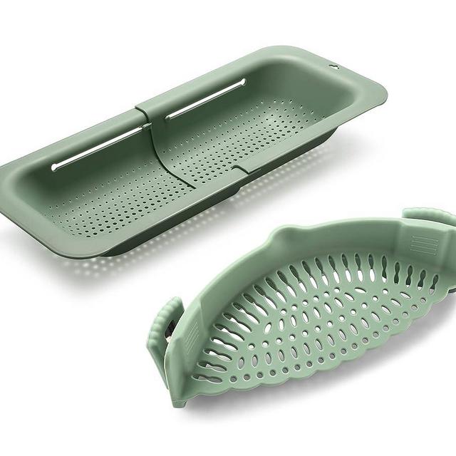 Domonic Home Colander Over the Sink Colander for Kitchen Sink, Collapsible Colander and Clip On Strainer for Pots, Rinse - Drain - Dry,Extendable 14.5"-19.5", Heat Resistant, Green