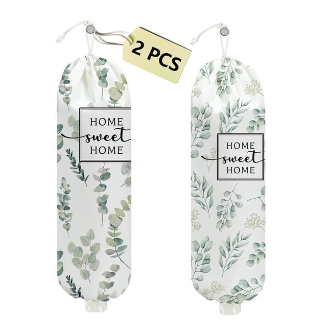 2 Pcs Eucalyptus Leaves Plastic Bag Holder, Wall Mount Grocery Bag Holder for Plastic Bags, Reusable Grocery Bags Storage Dispenser, Farmhouse Sweet Home Kitchen Decor, Flower Gifts for Women Mom