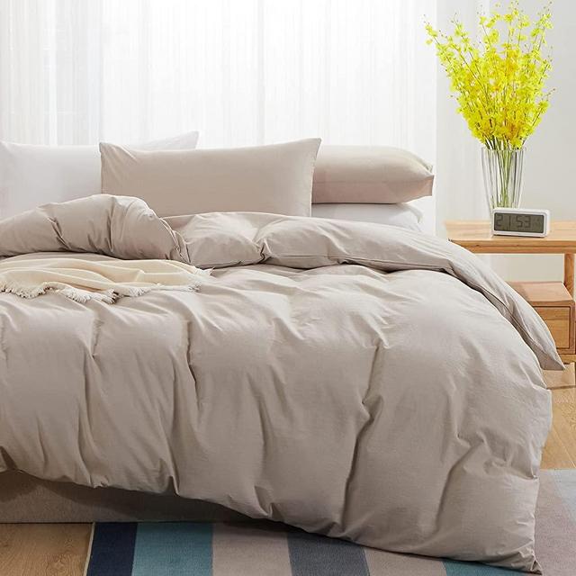 ELIMMO 100% Washed Cotton Duvet Cover Set 3 Pieces Luxury Soft Bedding Set with Zipper Closure Solid Color Pattern Beige Grey Linen Like Duvet Cover King Size(No Comforter)