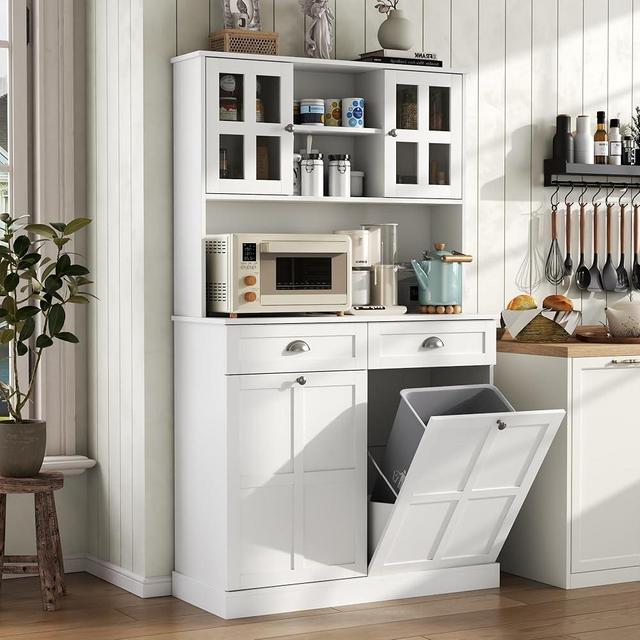 Double Tilt Out Trash Can, 68" Tall Kitchen Pantry Storage with 2 Drawers, Hutch & Microwave Coffee Stand, Freestanding 20 Gallon Trash Recycling Cabinet