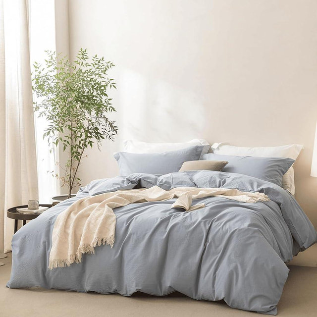 BDEAR Linen Feel Cornflower Blue Duvet Cover California King Size 104'' W x 98'' L, Percale 100% Washed Cotton Duver Cover with Zipper Closure Plus 2 Pillowcases, Oeko TEX Standard Certificated