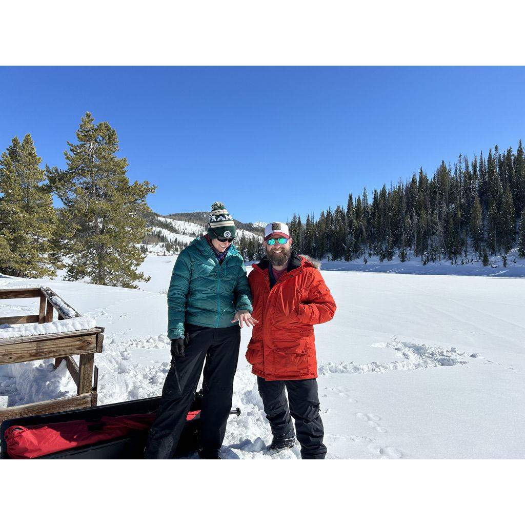 The tracks in the snow behind us is where I tricked Erica into coming out to look at some fox tracks in the snow. While she was reluctantly studying the fox prints, I brought the ring into view.