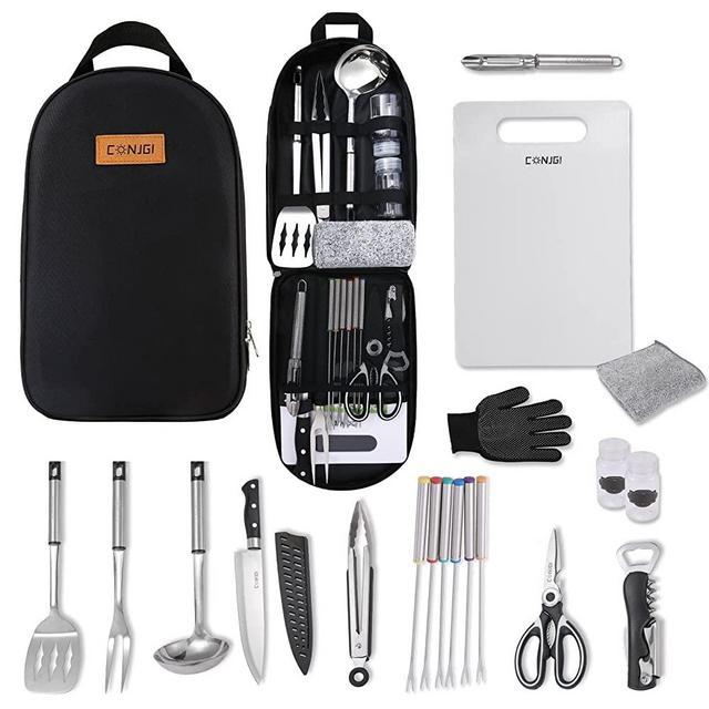 CONJGI Portable Camping Cooking Utensils Set - 19 PCS Outdoor Cookware Camping Set with Carrying Bag,Camping Accessories Cooking for Barbecues, Backyards, RV Trips and Open Dinner