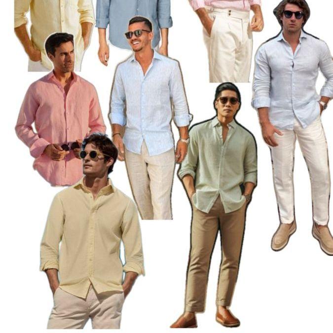 Linen or lightweight cotton shirts in soft pastels, muted earth tones, or classic coastal shades (sage, sky blue, blush, pale yellow). Neutral loafers.