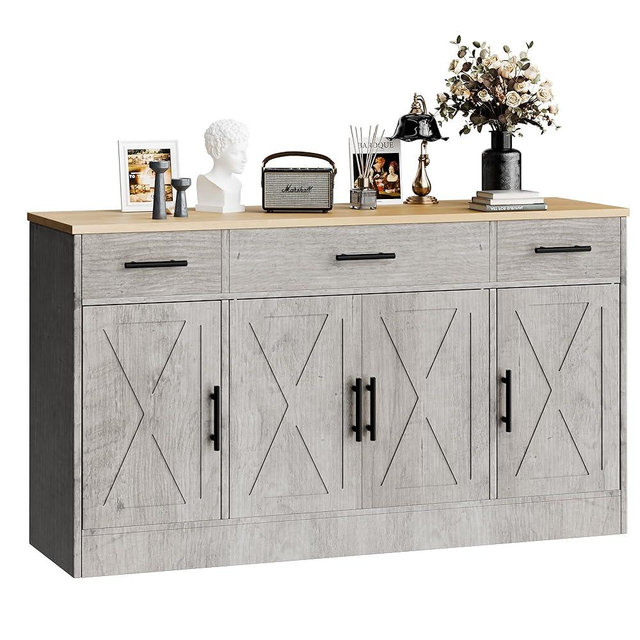 SUNLEI Kitchen Buffet Sideboard Cabinet, Wooden Storage with 4 Doors and 3 Drawers, Adjustable Shelf, Modern Farmhouse Coffee Bar Cabinet with Storage for Kitchen/Laundry/Living Room, Grey