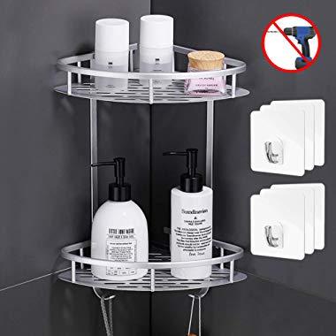 Flowmist 2 Tiers Corner Shower Caddy, Shower Organizer, Wall Mounted Aluminum Shower Shelf with Adhesive(No Drilling), Storage Rack for Toilet,Shampoo,Dorm and Kitchen