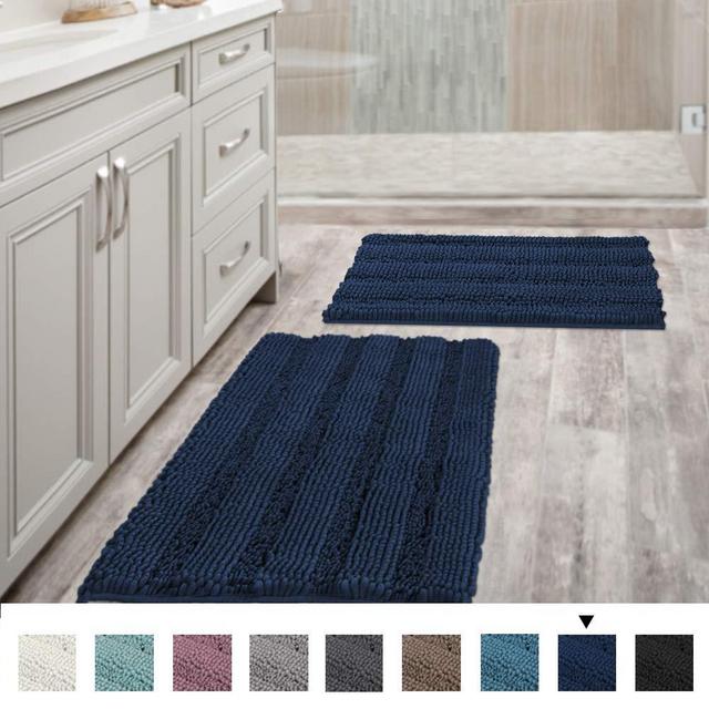 Navy Blue Bathroom Rugs Slip-Resistant Extra Absorbent Soft and Fluffy Striped Bath Mat Set Chenille Bath Rugs, Floor Mats Dry Fast Machine Washable (Set of 2-20" x 32"/17" x 24")