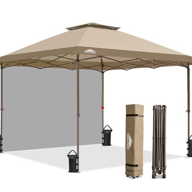 EAGLE PEAK 13x13 Pop up Canopy Tent w/One Wall, Instant Canopy Easy Set up Folding Shelter w/One Privacy Curtain, 169 Square Feet Sun Shade, Beige