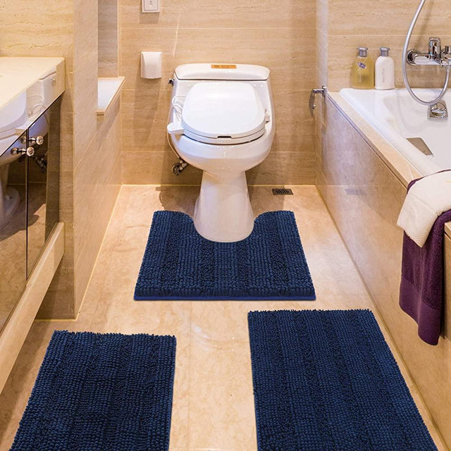 Striped Navy Bathroom Rug Set 3 Pieces Ultra Soft, Non Slip Chenille Bath Carpet, Absorbent Plush Shaggy Bath Mats for Bathroom, Toilet, Bedroom, Kitchen