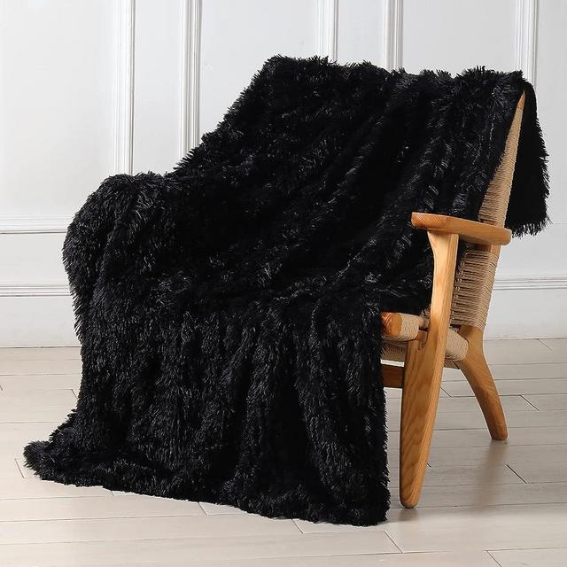Decorative Extra Soft Faux Fur Blanket Queen Size 80" x 90",Solid Reversible Fuzzy Lightweight Long Hair Shaggy Blanket,Fluffy Cozy Plush Fleece Comfy Microfiber Fur Blanket for Couch Sofa Bed,Black