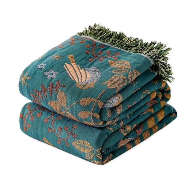 Boho Throw Blanket for Bed - 100% Cotton Ultra Soft Rustic Quilt - Bird Floral Printed Farmhouse Decor Bed Blankets,90"×98" All Season Rustic Throw for Sofa Couch Chair