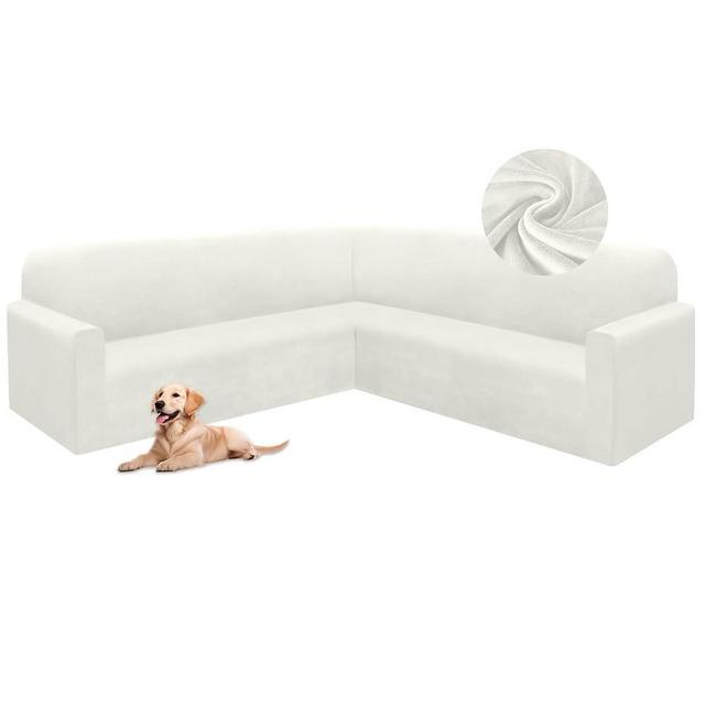 HDCAXKJ Corner Sectional Couch Covers Velvet Stretch L Shape Sofa Cover Soft Thick Sectional Slipcovers Set U Shaped Living Room Non Slip Magic Furniture Protector for Pet Dogs (Ivory White, X-Large)