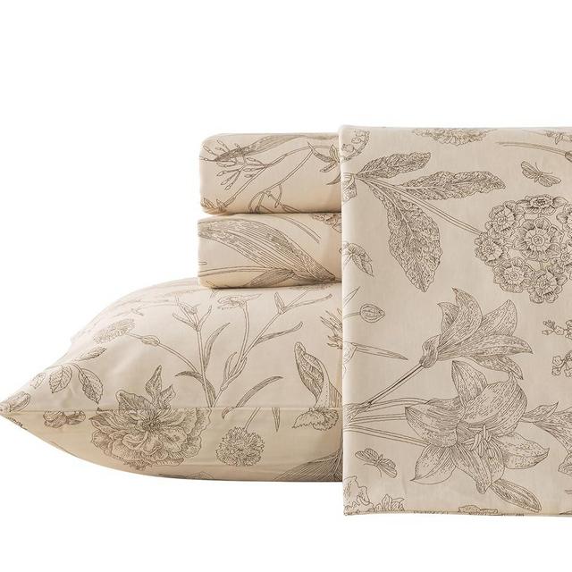 Zusbest King Size Sheets 100% Percale Cotton Beige Floral Bed Sheet Set, Brushed Extra Softness, Breathable Luxury Toile Flannel Sheets Like Khaki Flower Print Deep Pocket Sheets 17.5'' 4 Pcs
