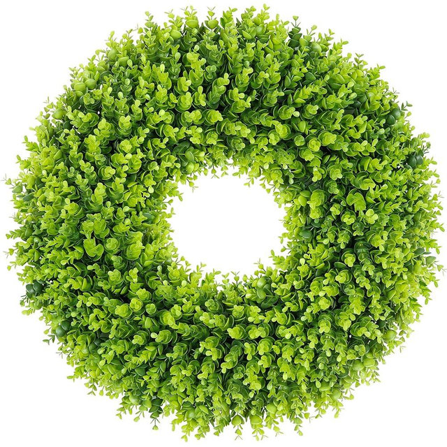 DDHS 28 inch Boxwood Wreath, Artificial Large Spring Wreaths for Front Door with Yellow Sash can DIY Shaped, Summer Wreaths for Hanging in The Shop, Farmhouse, Roof Green Everyday Wreath Home Decor