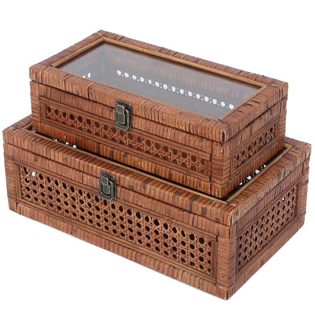 DECOR4SEASON Rattan and Cane Stacking Boxes with Glass Top Lid - Set of 2 for Boho, Coastal, and Rustic Farmhouse Decor, Brown