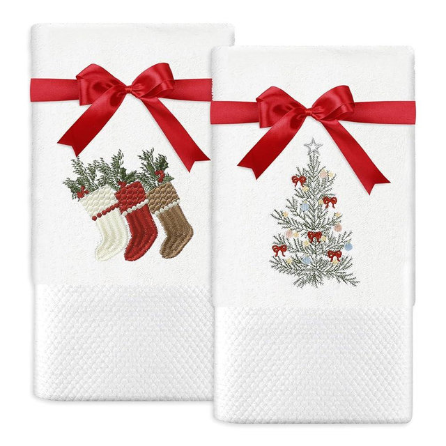 JarThenaAMCS 2Pcs Christmas Hand Towels Christmas Stocking Tree Embroidered Cotton Towels Xmas Dish Towels with Ribbon for Kitchen Bathroom Drying Cleaning Gift, 29.5 x 13.7 Inch