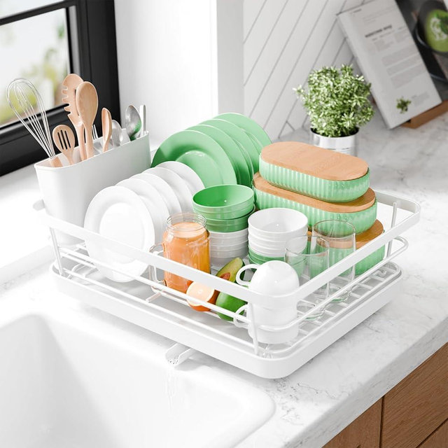 Kitsure Dish Drying Rack - Compact Dish Rack with Utensil Holder & Adjustable Water Outlet, Rust-Proof & Scratch-Resistant Drying Rack for Kitchen, 15.5" x 12.0" x 5.0", White