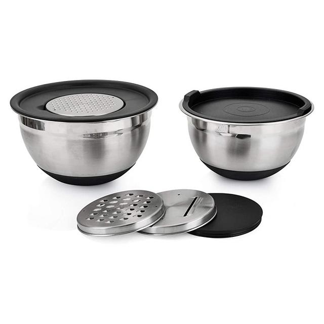 Hamilton Beach Premium Stainless Steel Mixing Bowl Set with Lids, 2-Quart and 3-Quart Bowls, Non-Slip Silicone Bottoms, Stackable, 3-Piece Grater Set, Dishwasher Safe to Cook, Bake, Prep & Serve