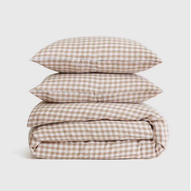 European Linen Gingham Duvet Cover Set-KING; Color: Cafe