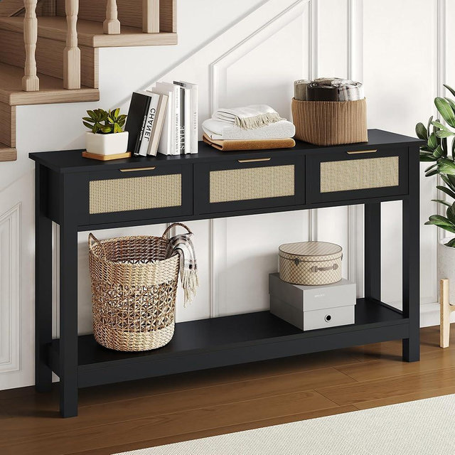 Luoxiao Rattan Console Table, Boho Entryway Table, Narrow Long Sofa Table, Hallway Foyer Table, Behind Couch Table with 3 Drawers and Open Storage Shelf for Living Room and Corridor, Black