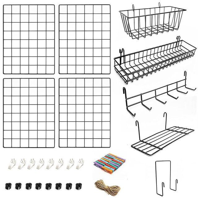 4 Pack Wire Wall Grid Panel with Accessories | Includes Hanging Baskets, Letter Sorter, Shelf & Hook Rack | Complete Set | Wire Notice Board | Hanging Home, Office & Kitchen Décor | Photo Board