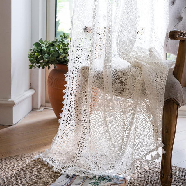 WAZZIO Boho Lace Curtains 45 Inches 2 Panel,Light Filtering Privacy Tassel & Geometry Crochet Semi Sheer Curtain Drapes for Bedroom Living Dining Room,Rod Pocket & Tassel,Victorian Decor,Off White