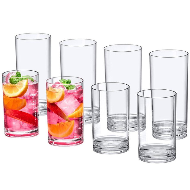 Amazing Abby - Probity - 10-Ounce and 16-Ounce Plastic Tumblers (Set of 8), Plastic Drinking Glasses, All-Clear Reusable Plastic Cups, BPA-Free, Shatter-Proof, Dishwasher-Safe