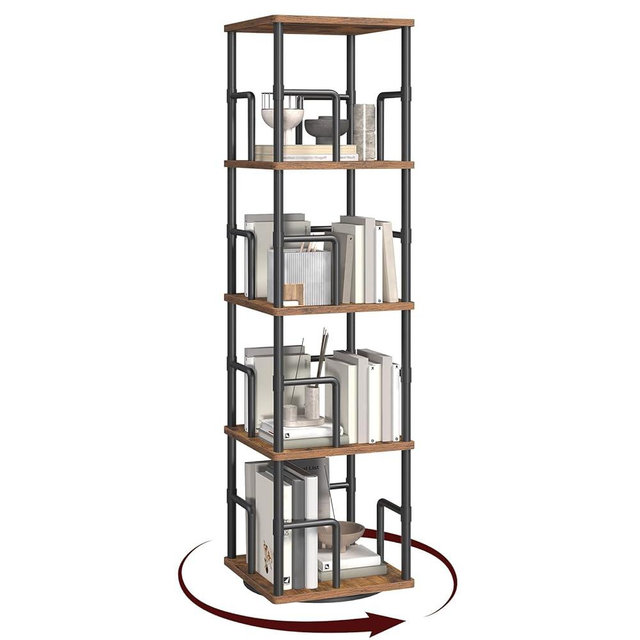 MAHANCRIS 4-Tier Rotating Bookshelf, Freestanding Corner Bookshelf, 360° Spinning Bookcase, Industrial Style Storage Rack with Rails, for Living Room, Bedroom, Study, Rustic Brown and Black BKHR1501