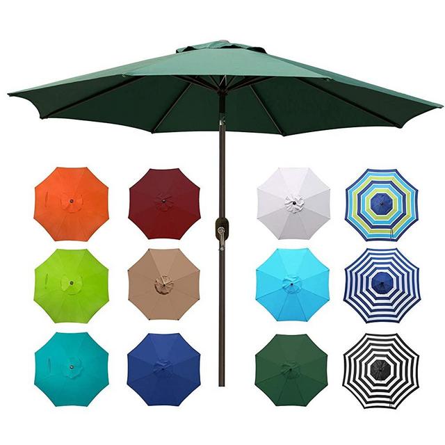 Blissun 9' Outdoor Aluminum Patio Umbrella, Striped Patio Umbrella, Market Striped Umbrella with Push Button Tilt and Crank (Dark Green)
