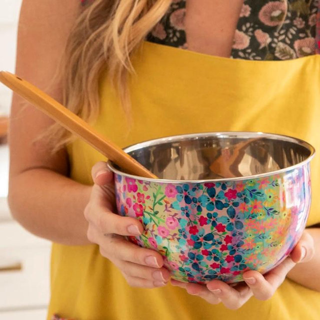 Stainless Steel Bowl - Small rainbow floral rows