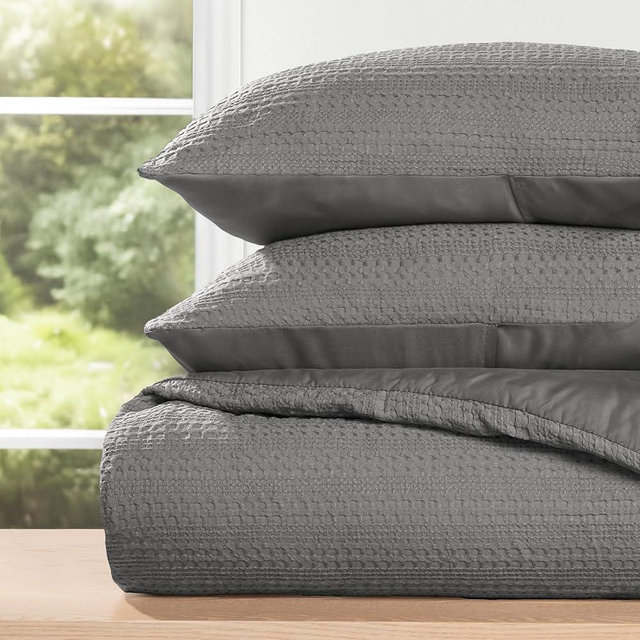 LINENS & HUTCH Waffle Textured 3 Piece Comforter Set All Season Down-Alternative Ultra Soft Bedding - Full/Queen Fog