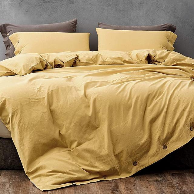 Melingo Cotton Duvet Cover King Size, Mustard Yellow Organic Cotton, Soft, Cooling, Breathable Bedding Collection with Buttons Closure. 3 Pieces Solid Color (1 Comforter Cover + 2 Pillow Cases)
