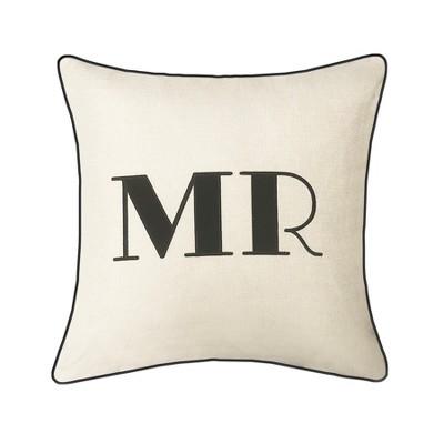 "Mr" Pillow Embroidered, Poly-Linen Square Throw Pillow Cream - Edie@Home