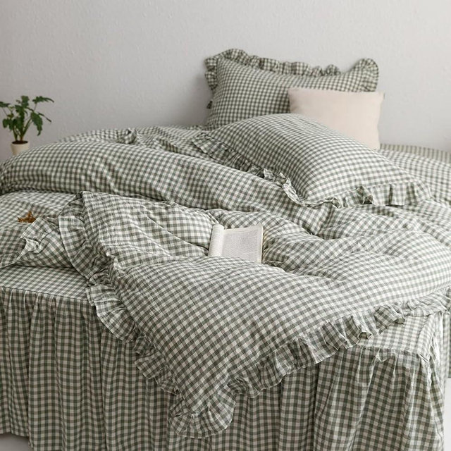 MKXI Sage Green Gingham Duvet Cover King, 3-Piece Ruffled Bedding Set - 100% Washed Cotton, Breathable Lightweight Fabric - Farmhouse Boho Chic Style Comforter Cover