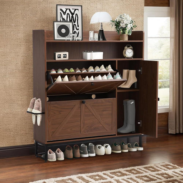TIMSATIO Shoe Storage Cabinet with 2 Flip Drawers for Entryway, 4-Tiers Slim Freestanding Shoes Boots Rack Cabinet Organizer, Narrow Farmhouse Hidden Shoe Cabinet for Foyer (Brown)