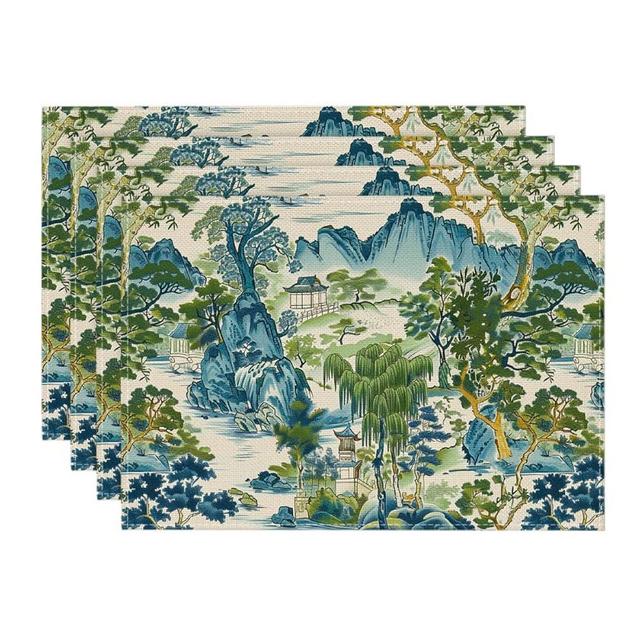 Artoid Mode Chinoiserie Vintage Style Mountain Fall Placemats Set of 4,12x18 Inch Seasonal House Trees Table Mats for Party Kitchen Dining Decoration