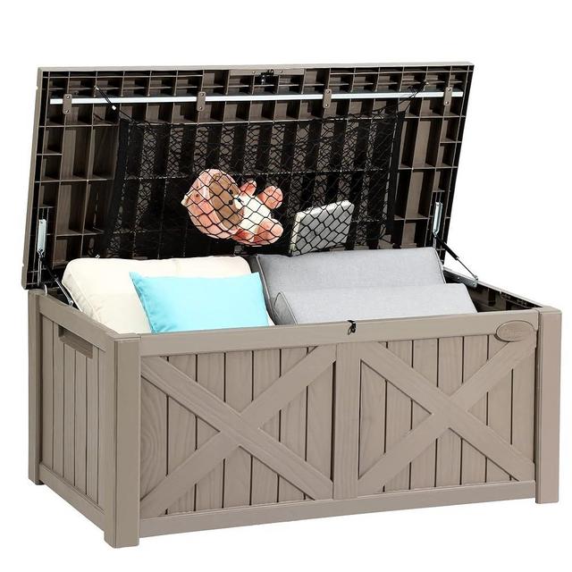 YITAHOME 120 Gallon Large Outdoor Storage Box w/Divider & Storage Net, Waterproof Resin Deck Box Cushion Storage Bench for Patio, Pool Supplies, Garden Tools - Lockable, Taupe