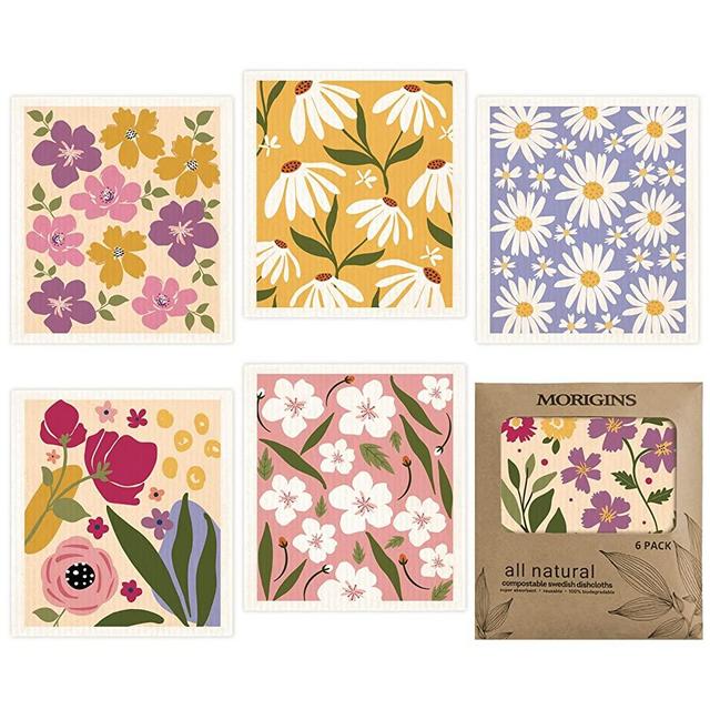 Morigins Swedish Dishcloths for Kitchen 6 Pack Flowers Cellulose Sponge Cloths Non Scratch Reusable Paper Towels No Odor, Biodegradable and Reusable Kitchen Dish Rags (Wildflowers)