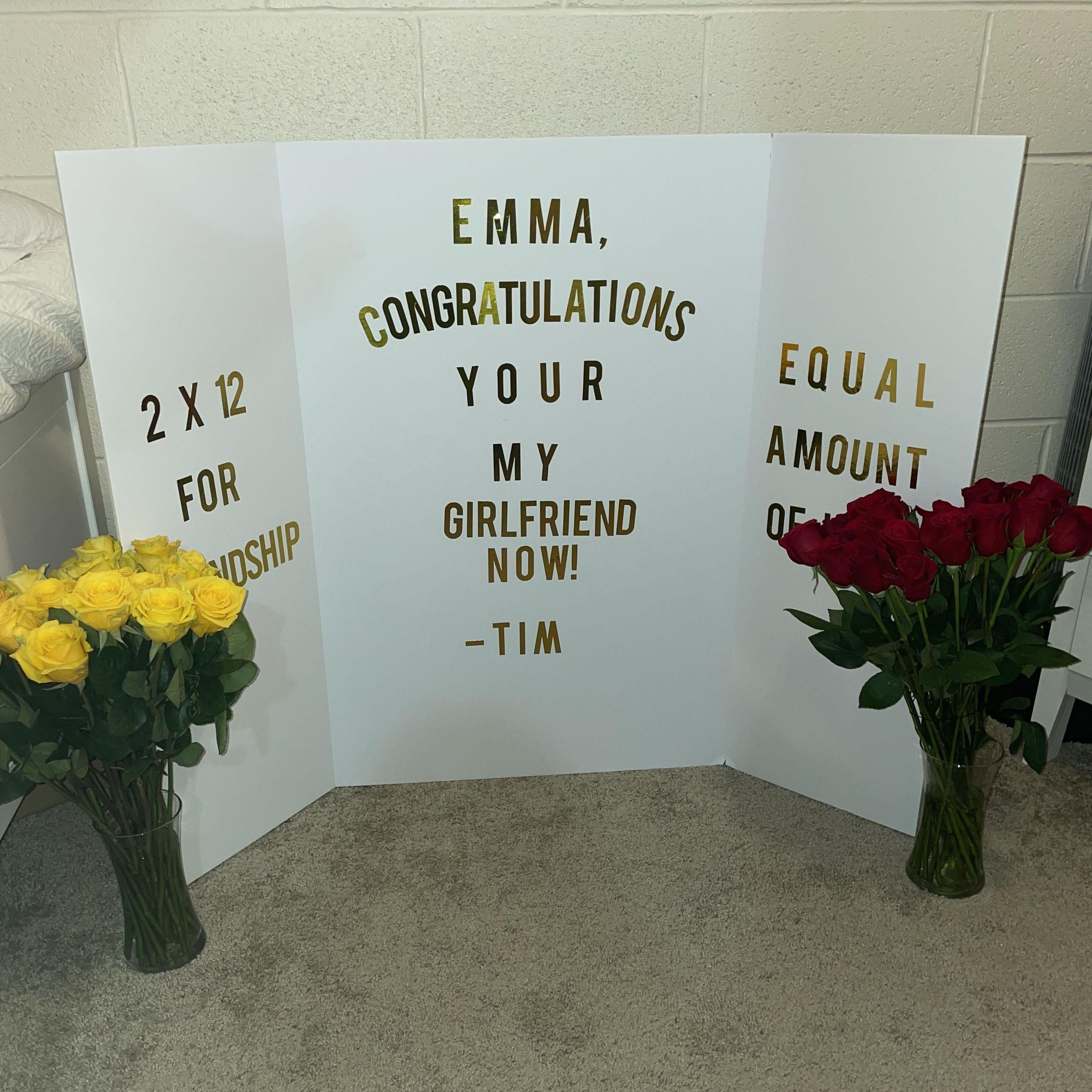 After our first date, Tim got Emma 4 dozen roses: two dozen yellow roses for two years of friendship and two dozen red for equal amounts of love. Then Tim asked Emma to be his girlfriend.